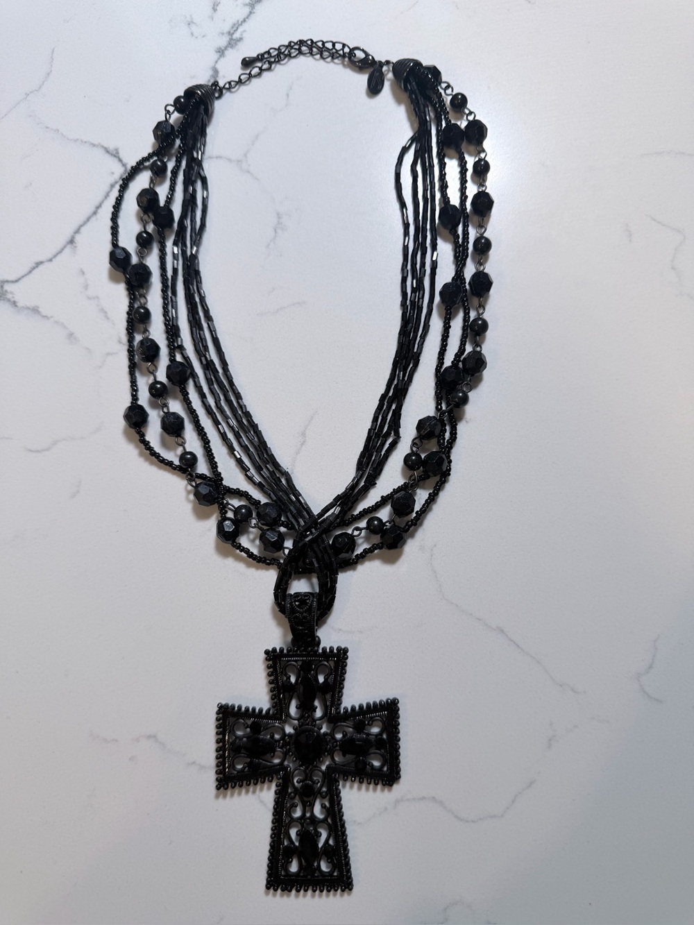 Jessica Simpson Gothic Multi-Strand Black Beaded Cross Necklace - Picture 2 of 8